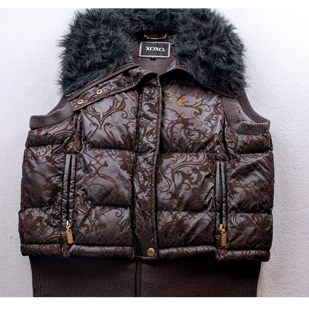 XOXO Womens Brown Damask Puffer Vest Faux Fur Collar Quilted Zip Up Size Large - Picture 1 of 7